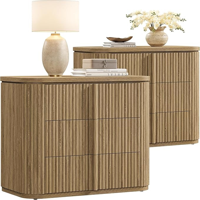 SICOTAS Fluted Nightstands Set of 2, Modern Night Stand End Tables with 3 Storage Drawers, Oversi... | Amazon (US)