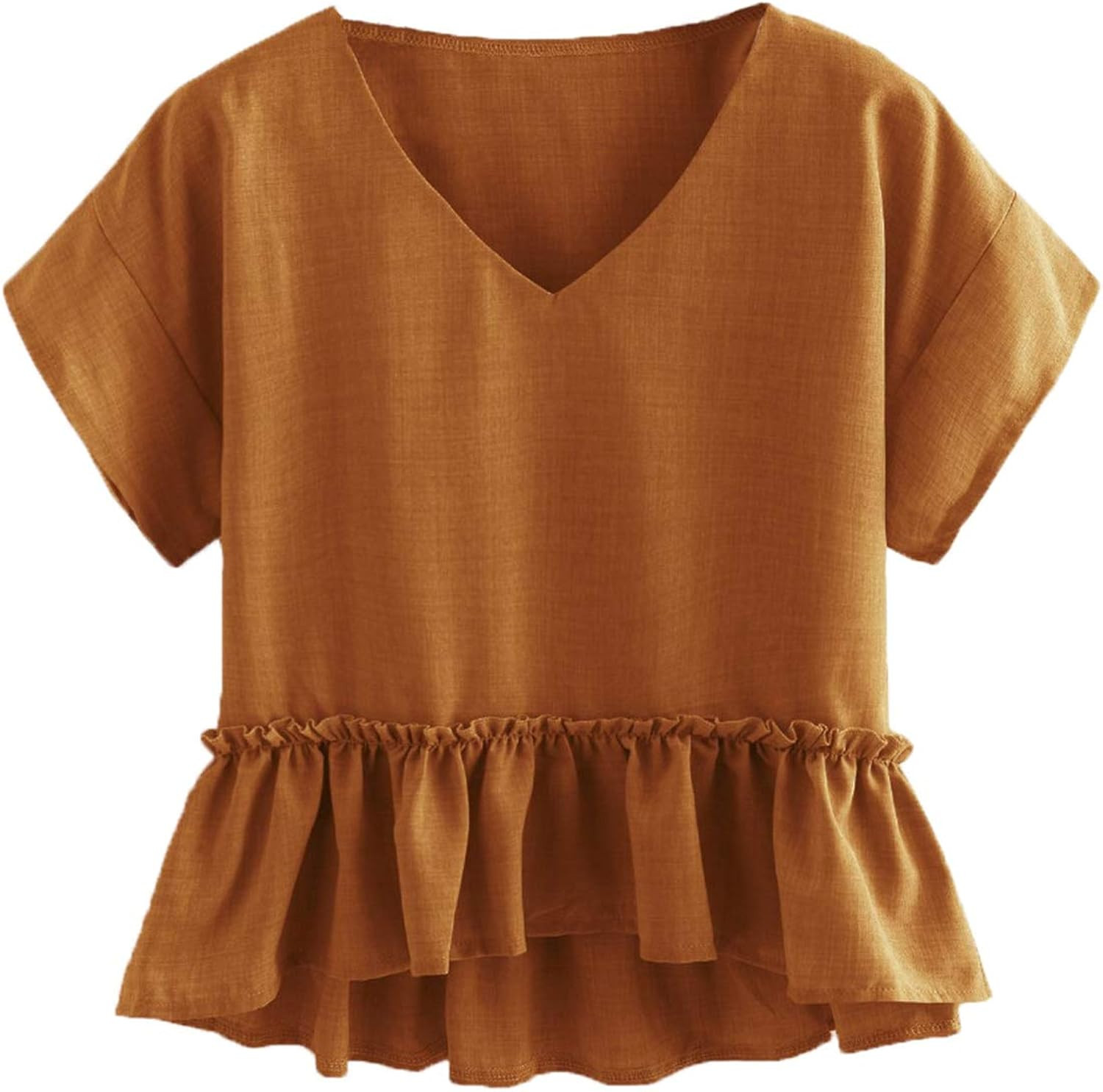 Floerns Women's Loose V Neck Ruffle Hem High Low Peplum Blouse Top | Amazon (US)
