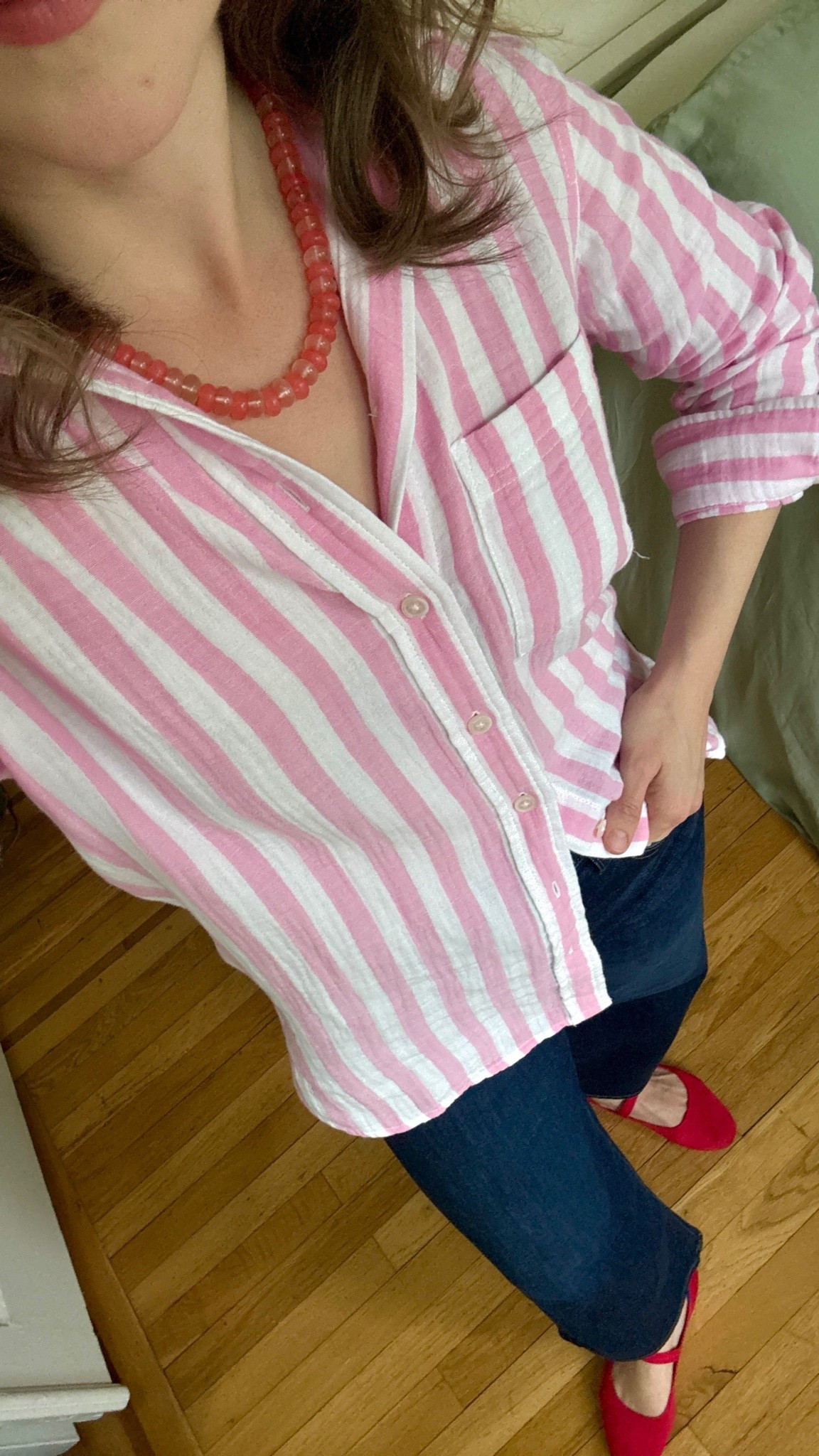NYC outfit of the day 
Xs gauze cotton shirt. 
25 regular cropped jeans
7 washable flats

#LTKActive