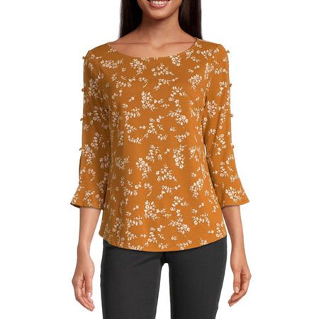 Liz Claiborne Womens Crew Neck Elbow Sleeve Knit Blouse, Medium , Yellow | JCPenney