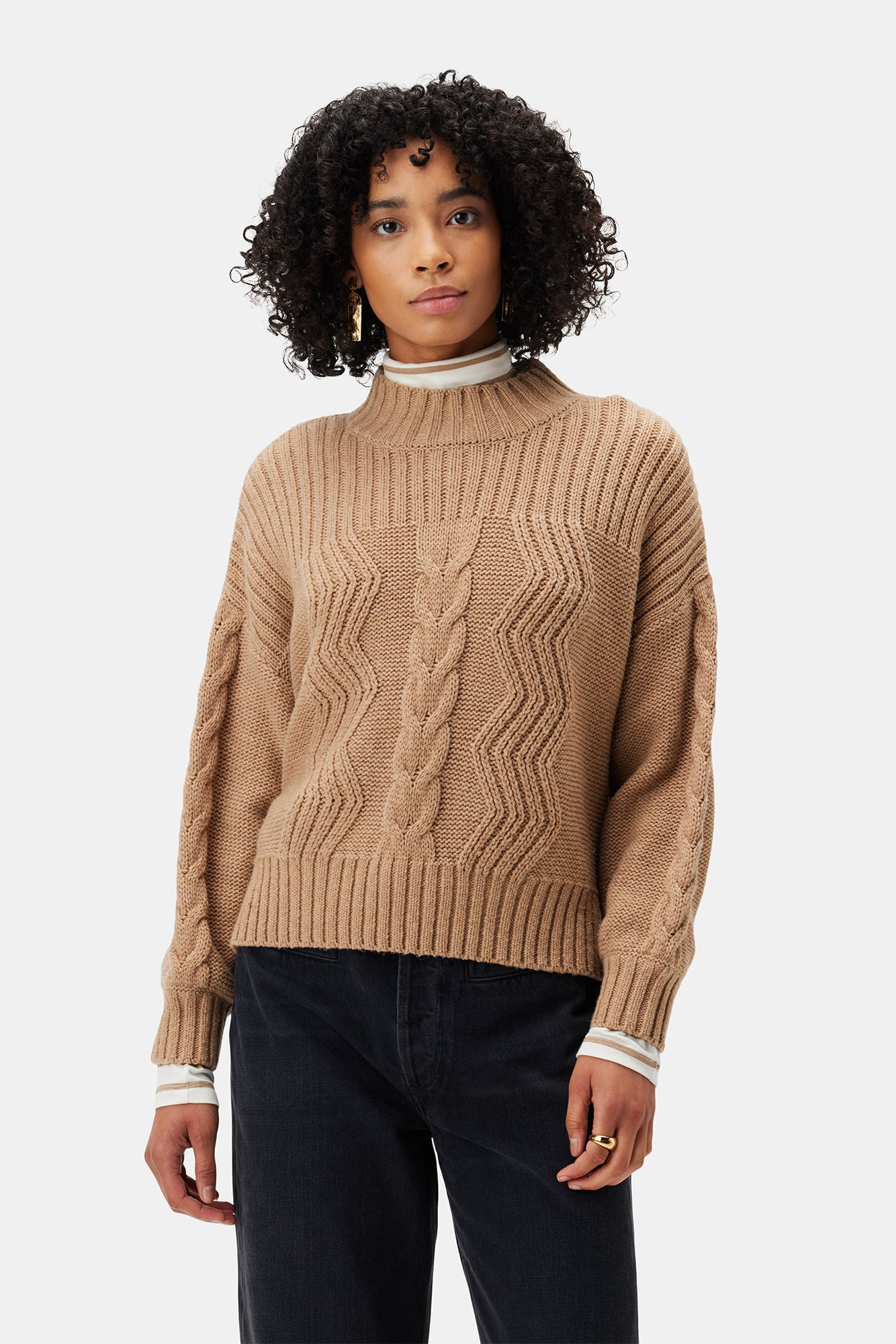 Cameryn Cable Knit Wool Sweater - Camel | Amour Vert