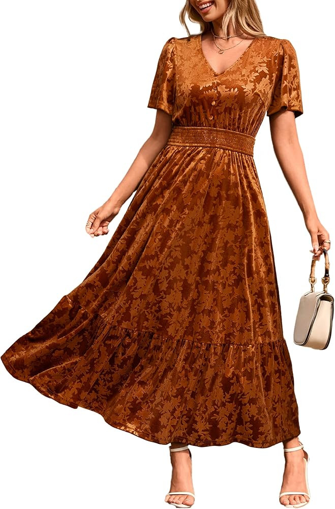 Simplee Womens Fall Velvet Dress Short Sleeve V Neck Floral Maxi Dress Long Formal Winter Wedding... | Amazon (US)