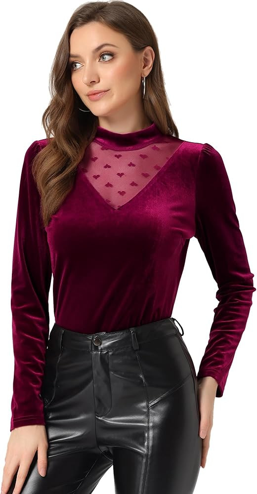 Allegra K Women's Vintage Velvet Mesh Panel Mock Neck Slim Fit Halloween Long Sleeve Tops | Amazon (US)