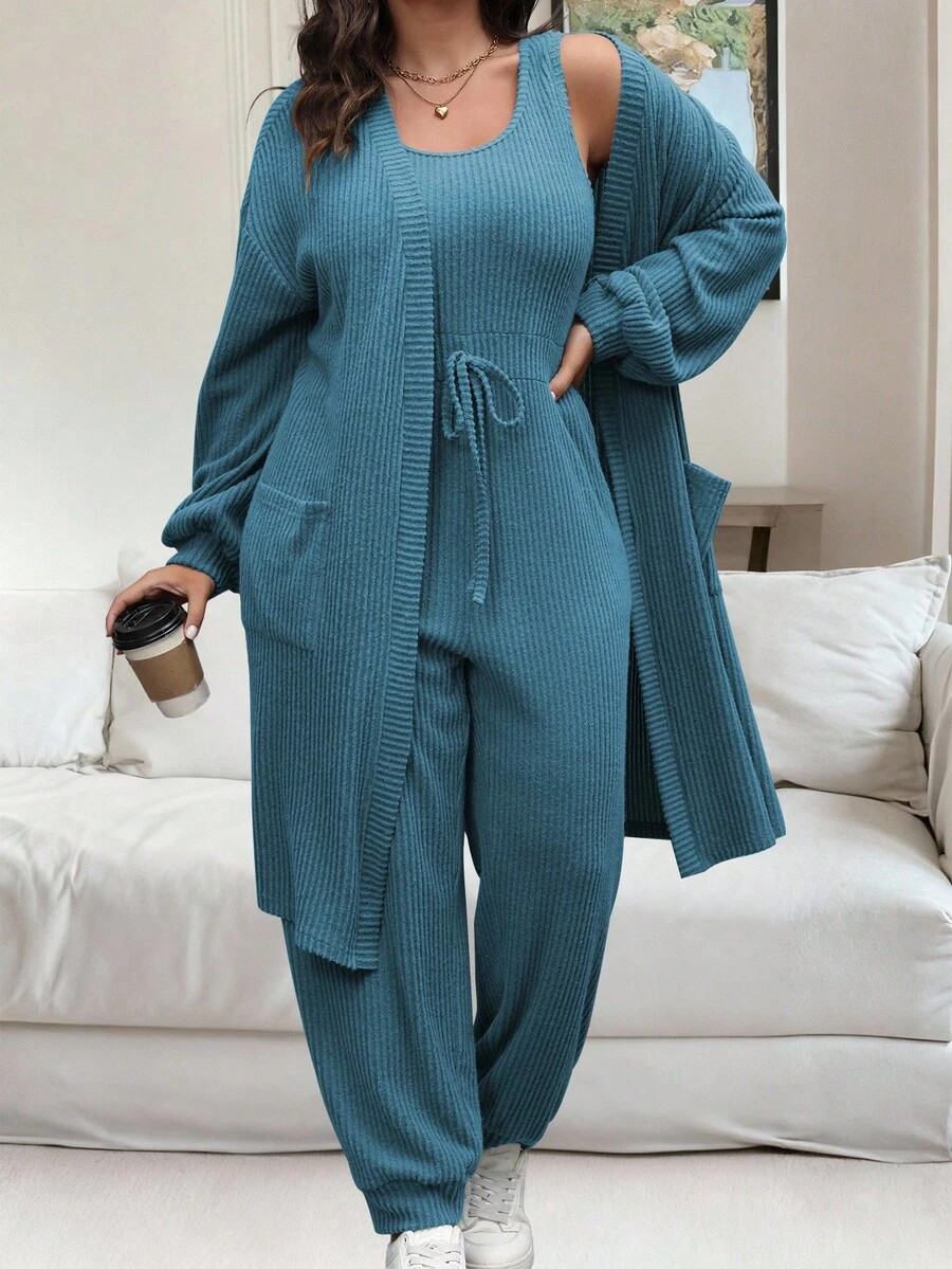 Vionelle Plus Size Solid Color Pocket Long Sleeve Jacket And Sleeveless Jumpsuit 2 Pieces Set Fal... | SHEIN