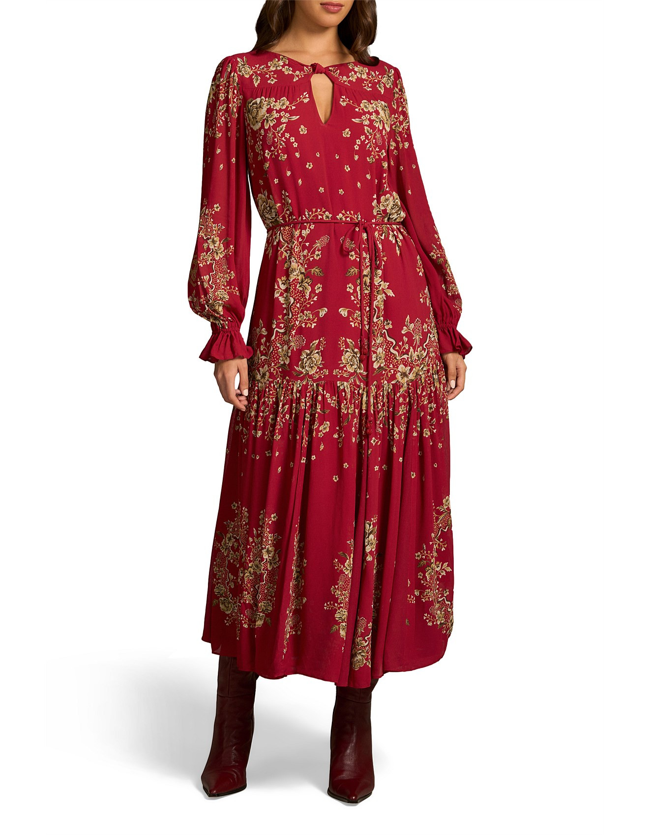 Knot Neck Midi Dress - Crimson Bloom Print | David Jones (Australia & New Zealand)