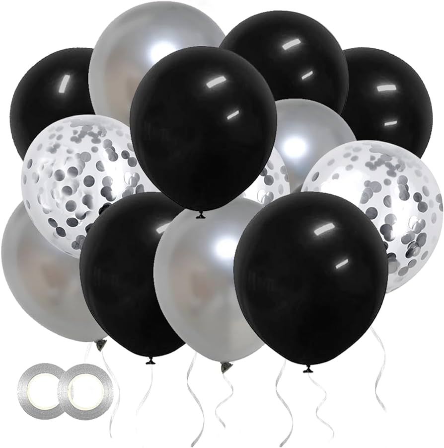 Black and Silver Confetti Balloons, 50pcs 12-inch Black Balloons、Silver Balloons and Silver Con... | Amazon (US)