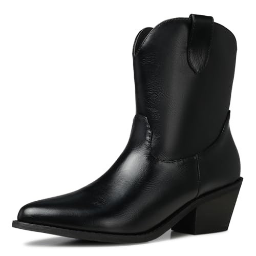 TEMOFON Cowboy Boots for Women Western: Wide Cowboy Boot Pointed - Black Womans Ankle Booties - Cowgirl Boot Ladies Chunky Low Heel Size 8.5 | Amazon (US)