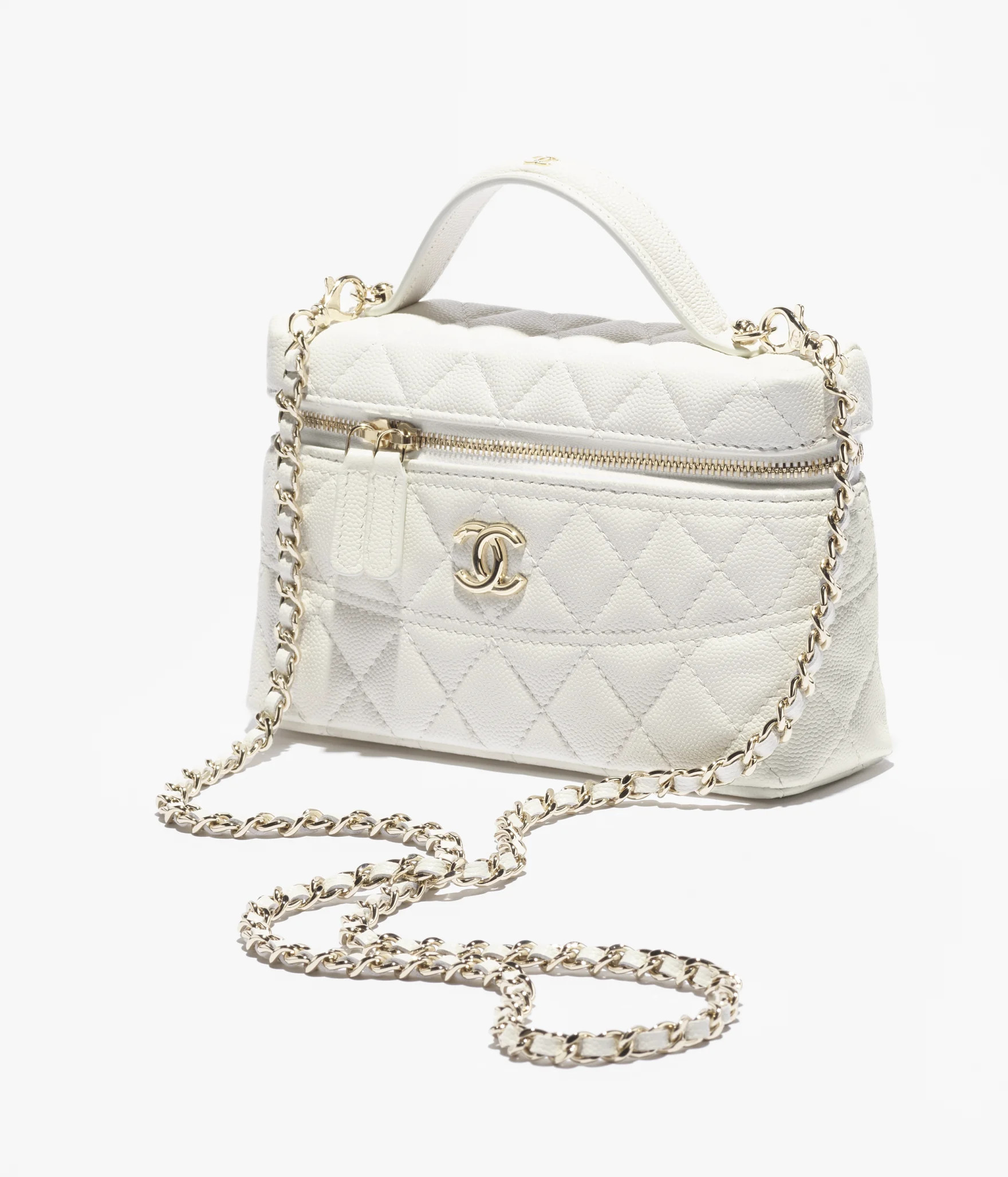 Vanity with chain - Grained shiny calfskin & gold-tone metal, white — Fashion | CHANEL | Chanel, Inc. (US)