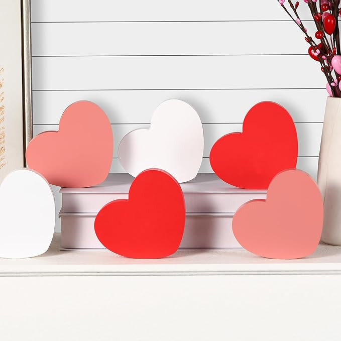 FestalMart Valentines Day Decorations -6pcs Wooden Heart Decorations Sign - Classic White Pink Re... | Amazon (US)