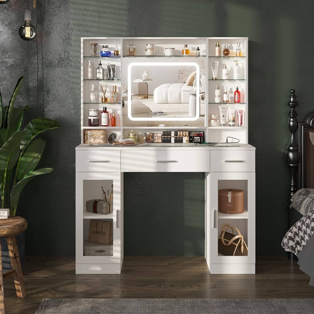 Fameill Makeup Vanity with Lights, 43.4inch Vanity Desk with Power Strip, 3 Drawers and 2 Cabinet... | Amazon (US)