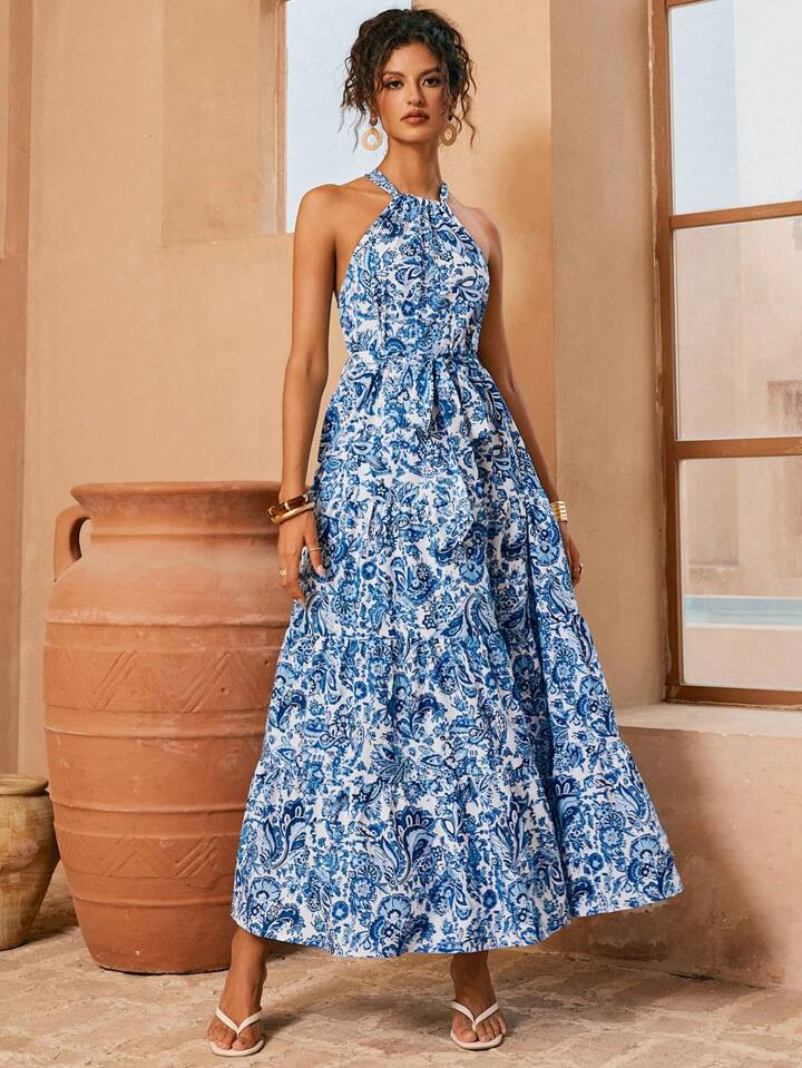 Swim Oasis Women's Long Tie-Neck A-Line Layered Print Dress | SHEIN