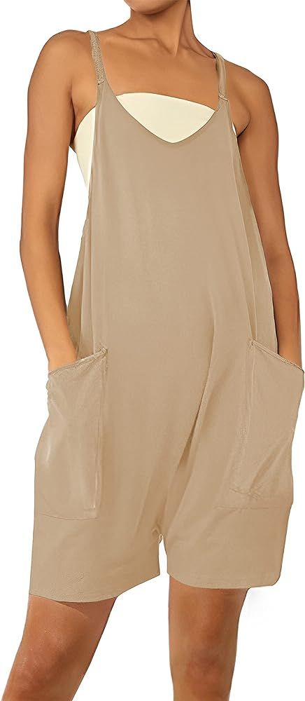 Huaqiao Women's Short Rompers Cotton Adjustable Spaghetti Strap Jumpsuit Casual Overall Summer Short | Amazon (US)