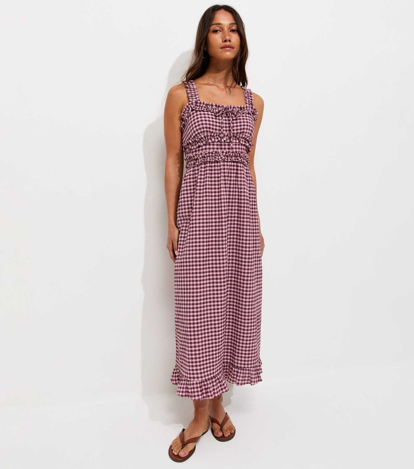 Pink Crinkle Texture Frill Trim Gingham Midi Dress | New Look | New Look (UK)