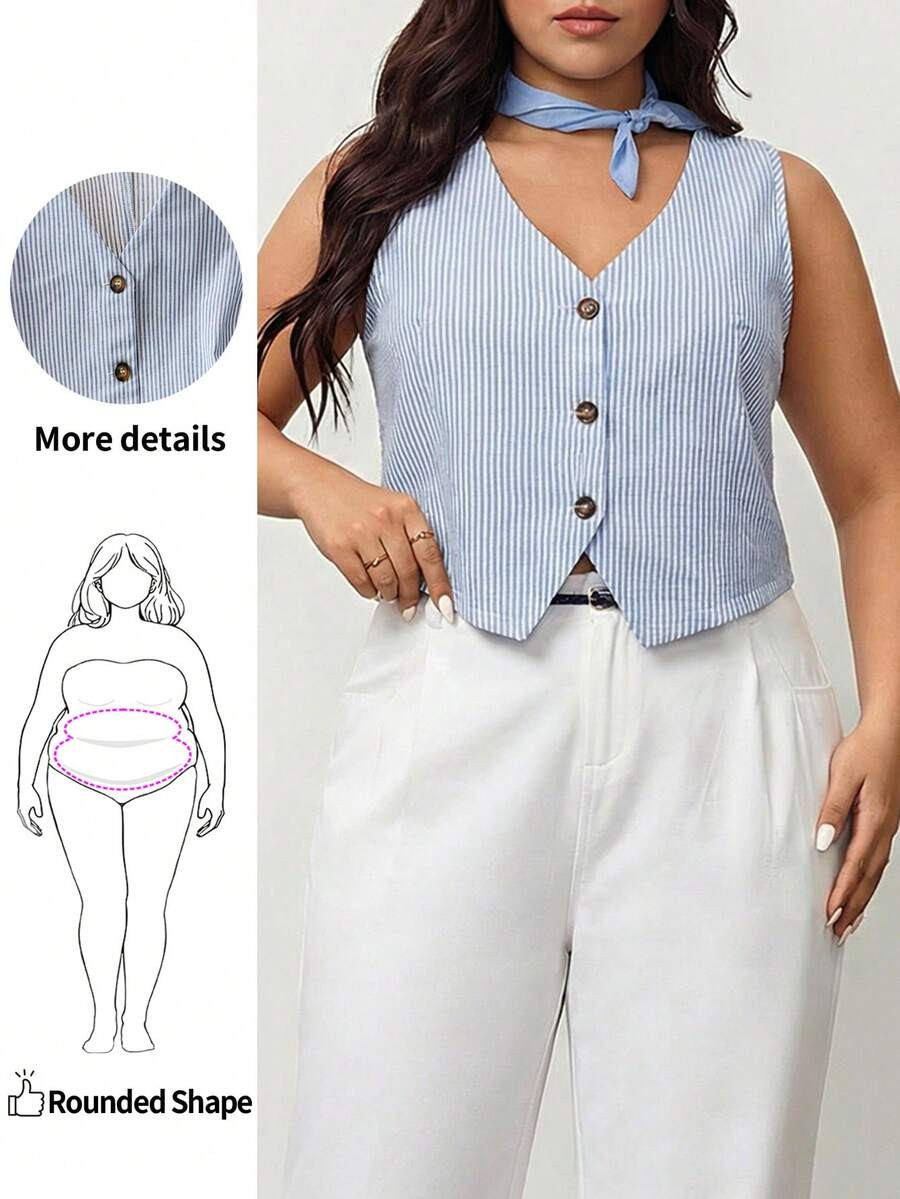 Enliva Plus Size Women's Single-Breasted Striped V-Neck Sleeveless Casual Blouse Business Casual ... | SHEIN