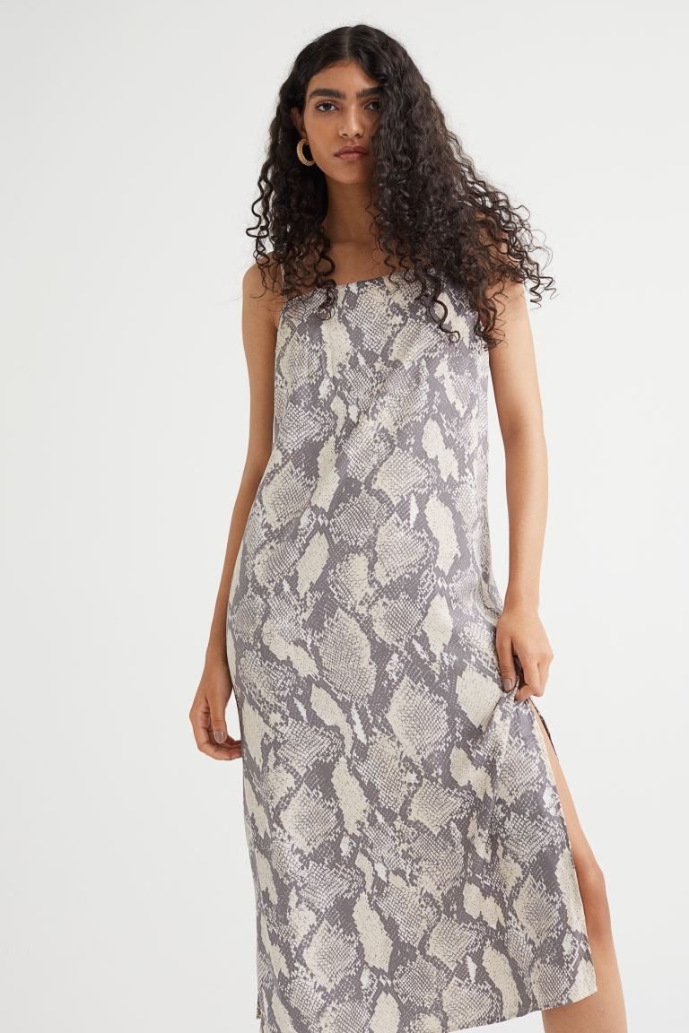 Calf-length dress in softly draping satin with narrow, adjustable shoulder straps and a slit at e... | H&M (UK, MY, IN, SG, PH, TW, HK)