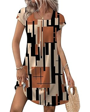 OFEEFAN Summer Dresses for Women 2026 Loose Square Neck Cap Sleeve Casual Beach Vacation Tshirt D... | Amazon (US)