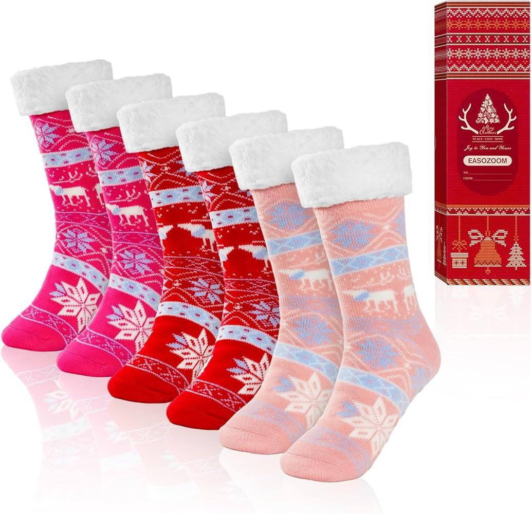 3 Pairs Christmas Fuzzy Warm Slipper Socks for Women,Soft Sherpa Fleece Lining Socks with Gripper... | Amazon (US)