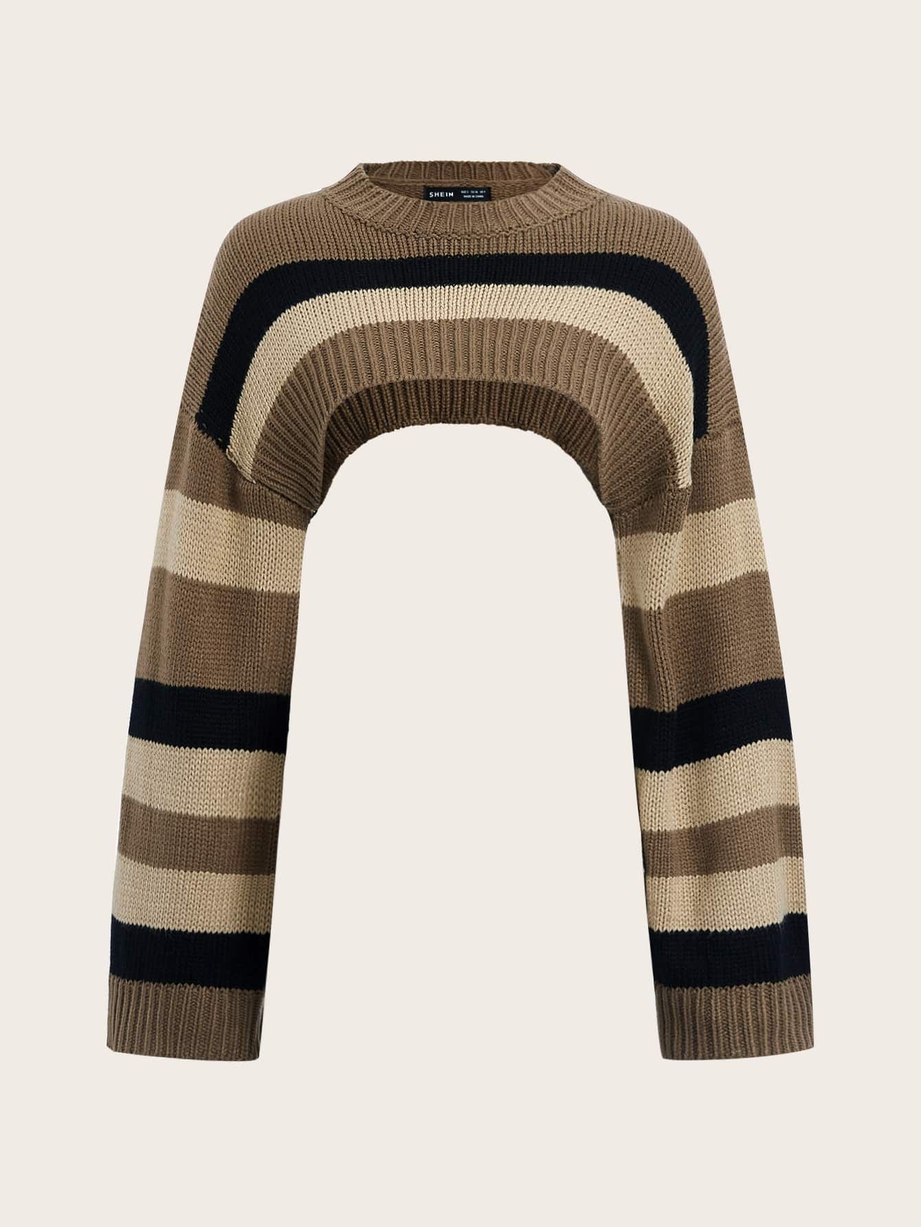 SHEIN ICON Stripe Pattern Drop Shoulder Super Crop Sweater Without Cami | SHEIN