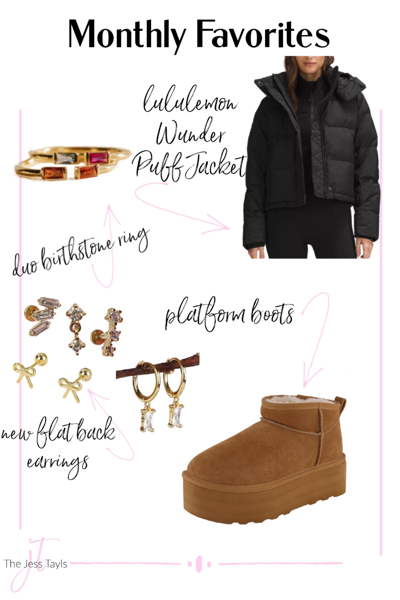 January monthly favorite products 
Ugg platform 
Platform boots 
Flat back earrings 
Birthstone ring 
Valentines gift 
Lululemon wunder puff jacket 
Puffer jacket 


#LTKGiftGuide #LTKMostLoved
