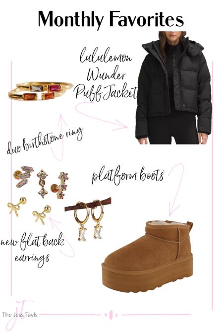January monthly favorite products 
Ugg platform 
Platform boots 
Flat back earrings 
Birthstone ring 
Valentines gift 
Lululemon wunder puff jacket 
Puffer jacket 


#LTKGiftGuide #LTKMostLoved