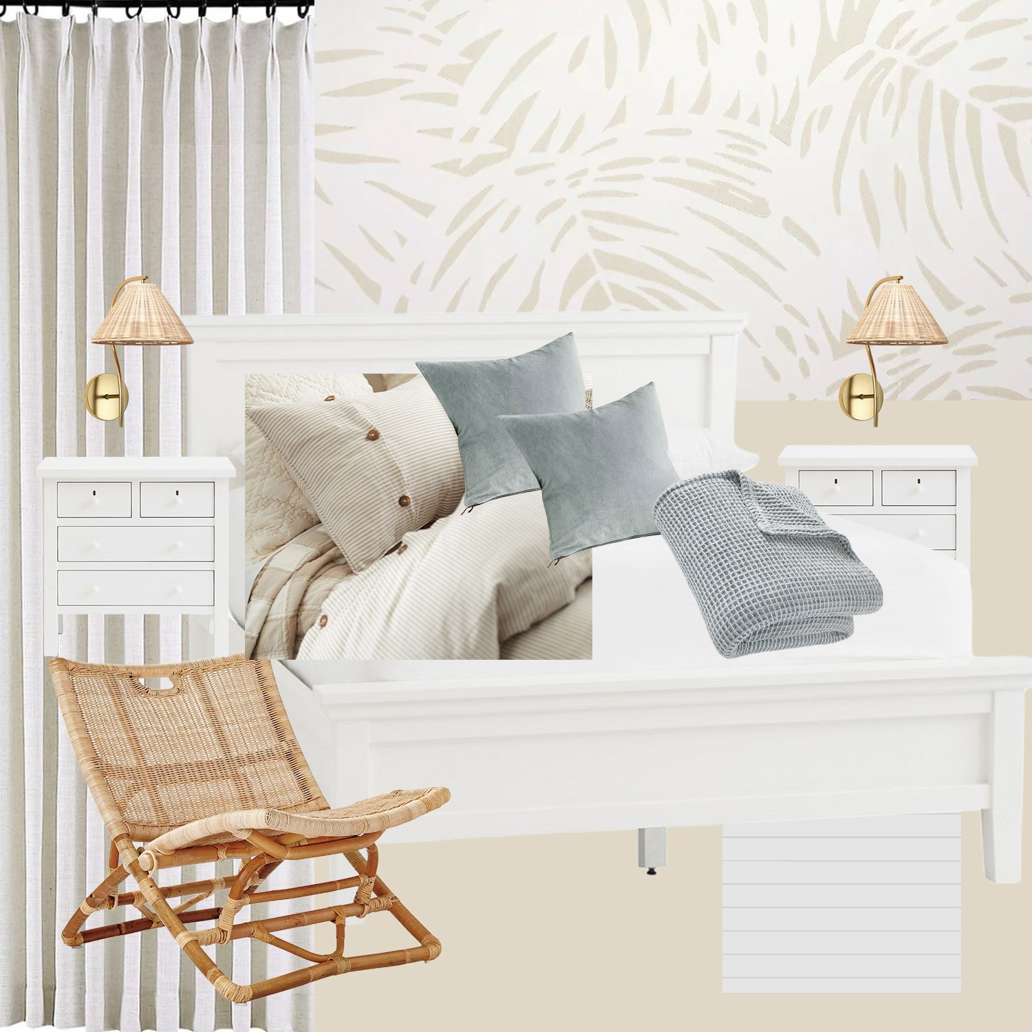 Moodboard Monday everyday! The beach rental’s primary bedrooms gets a glow up for new listing photos in September and we are switching from cool grays and blues to warm taupes and whites. Checkout this mixture of designer and accessible materials for the look!  When you are vacation, you want to feel like you are in a Serena and Lily magazine, am I right? ?!?! ￼…now it is time to get to work!!

That shiplap panel will be painted Benjamin Moore - White Sand (the color behind it!) 

#coastaldesign
#Serenaandlily

#LTKHome #LTKSaleAlert #LTKSeasonal