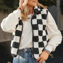 Women Sleeveless Checkered Sherpa Jacket Lightweight Warm Zip Up Outerwear Zipper Vest With Pockets | SHEIN