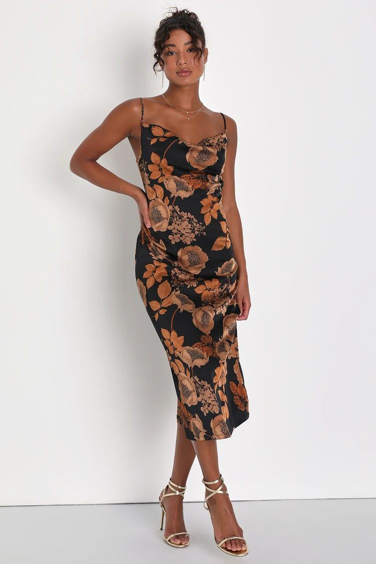  Black Floral Satin Cowl Neck Slip Dress | Lulus (US)