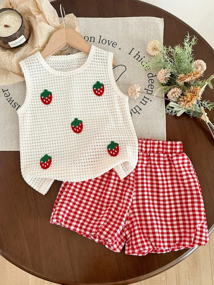 Girls' Strawberry Embroidery Set, Summer Knitted Sleeveless Vest + Red & White Plaid Shorts, Fres... | SHEIN