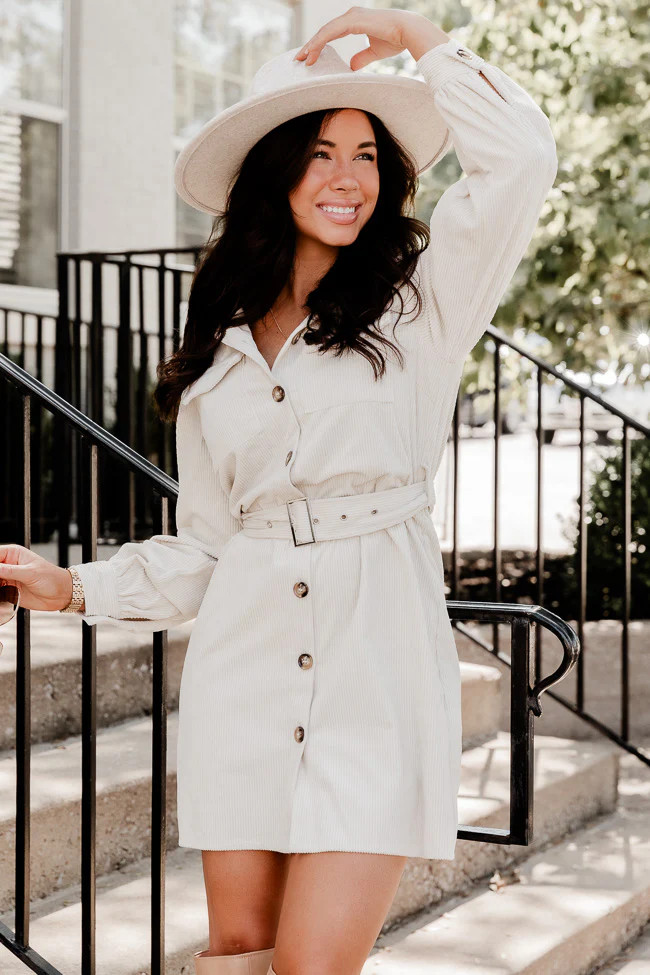 No Expectations Cream Corded Long Sleeve Belted Mini Dress | Pink Lily