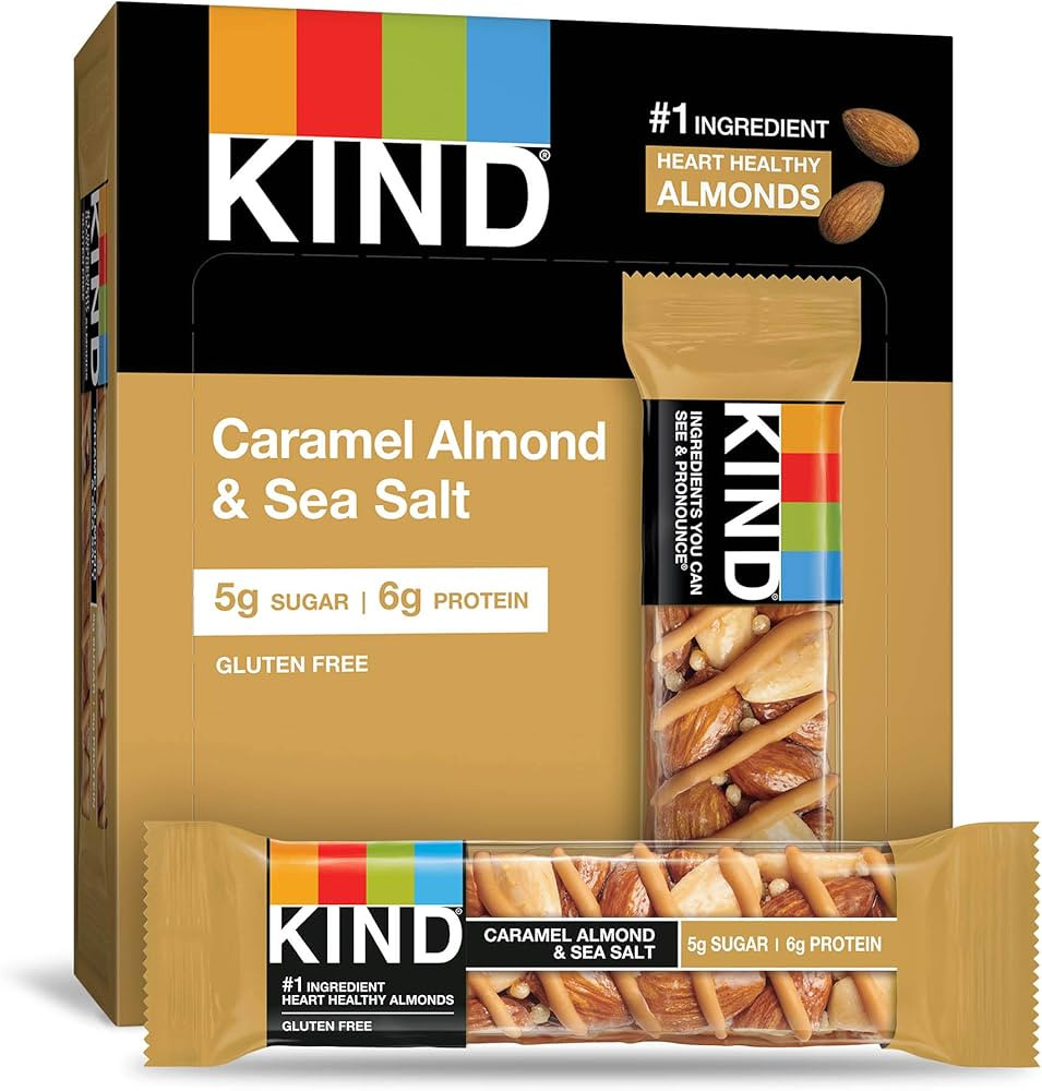 KIND Snack Bars, Caramel Almond & Sea Salt, 5g Sugar | 6g Protein, Gluten Free Bars, 1.4 OZ, (12 ... | Amazon (US)