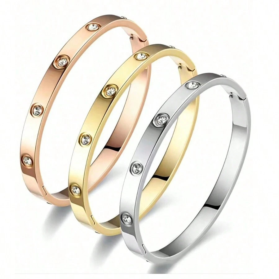 1pc Women Titanium Steel Bangle, Non-Fading, Stainless Steel Bracelet With Rhinestones, Minimalis... | SHEIN