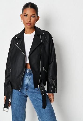 Black Faux Leather Oversized Biker Jacket | Missguided (UK & IE)