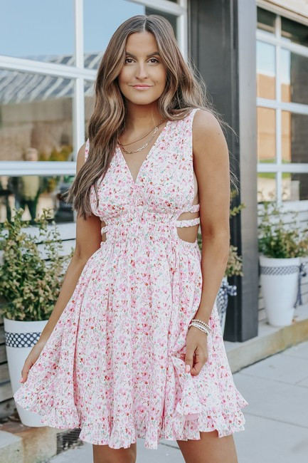 V-Neck Side Cutout Pink Floral Dress | Magnolia Boutique