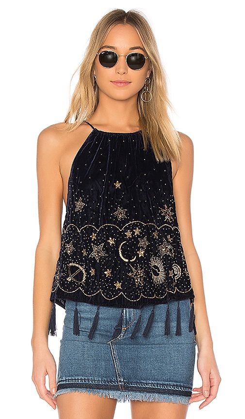 Free People Midnight Magic Embellished Tank in Navy. - size L (also in M,S,XS) | Revolve Clothing