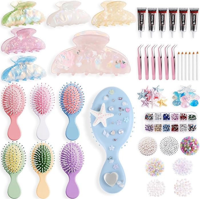 6 Pcs DIY Hair Brush Acrylic Claw Clips DIY Craft Kit Include Ocean Themed Rhinestones Custom Hai... | Amazon (US)