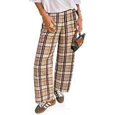 Cicy Bell Womens Wide Leg Pants High Wiasted Casual Baggy Palazzo Elastic Plaid Pants Trousers | Amazon (US)
