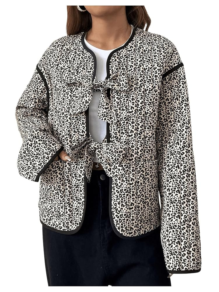 MakeMeChic Women's Leopard Print Bow Tie Front Long Sleeve Quilted Puffer Jacket Padded Coat with... | Amazon (US)