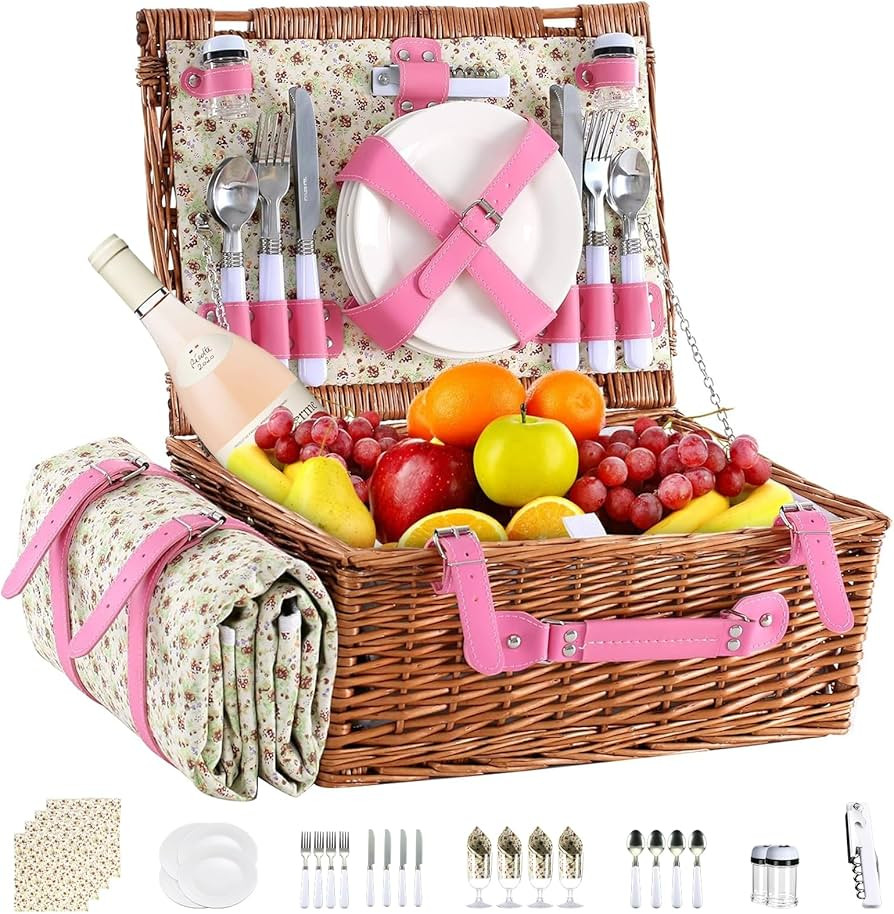 Picnic Basket Set for 4 with Waterproof Picnic Blanket and Insulated Cooler, Large Wicker Picnic ... | Amazon (US)