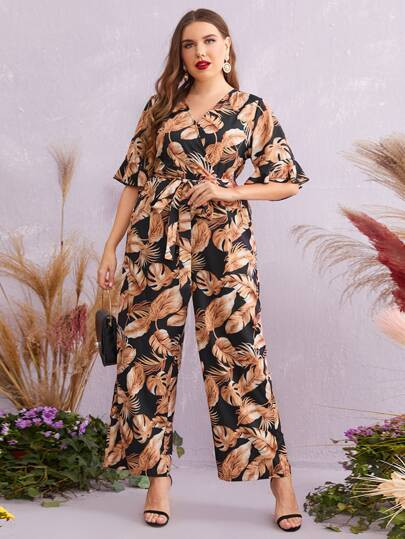SHEIN Plus Tropical Print Self Belted Jumpsuit | SHEIN