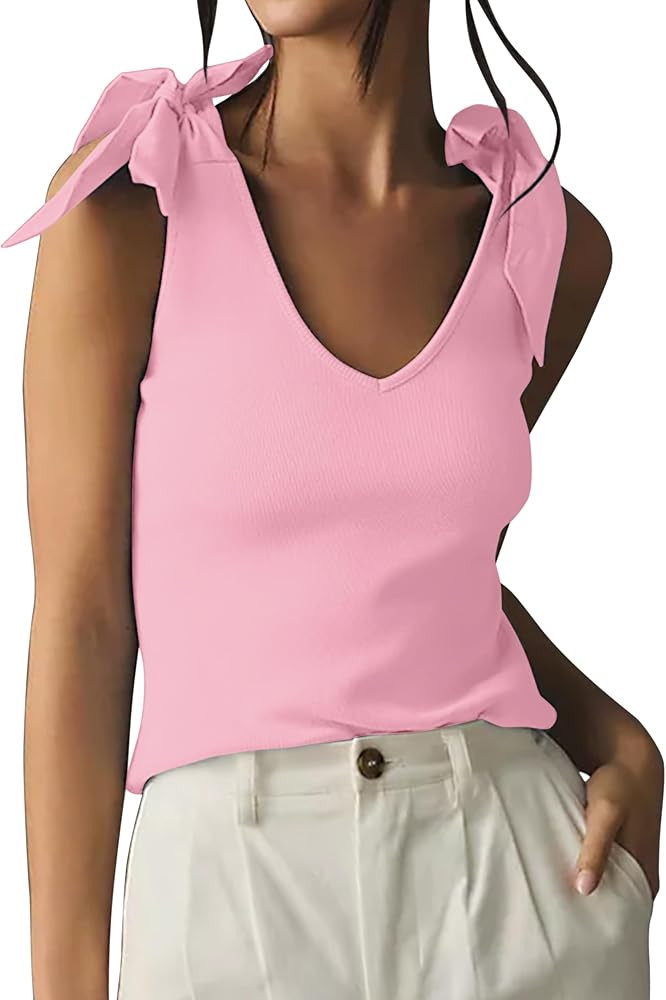 Women's Bow Tie Shoulder Strap Knit Tank Tops V Neck Slim Fit Casual Tie Strap Sleeveless Knit To... | Amazon (US)