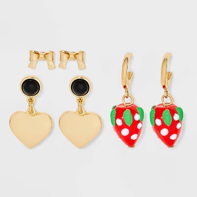 Strawberry and Heart Mixed Hoop Earring Set 3pc - Universal Thread™ Gold | Target