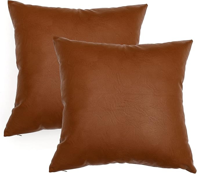 ChrisDowa Set of 2 Faux Leather Throw Pillow Covers, Thick Cognac Modern Solid Decorative for Bed... | Amazon (US)