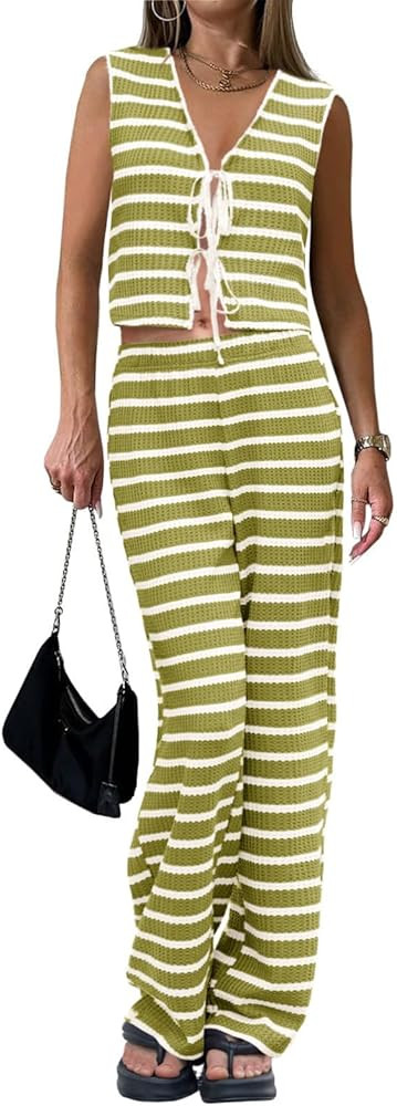 Tankaneo Womens Crochet Sets 2 Piece Outfits Tie Front Sleeveless Vest Tops Wide Leg Pants Stripe... | Amazon (US)