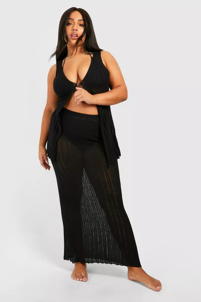 Plus Crochet Waistcoat And Maxi Skirt Knitted Set | Boohoo.com (UK & IE)
