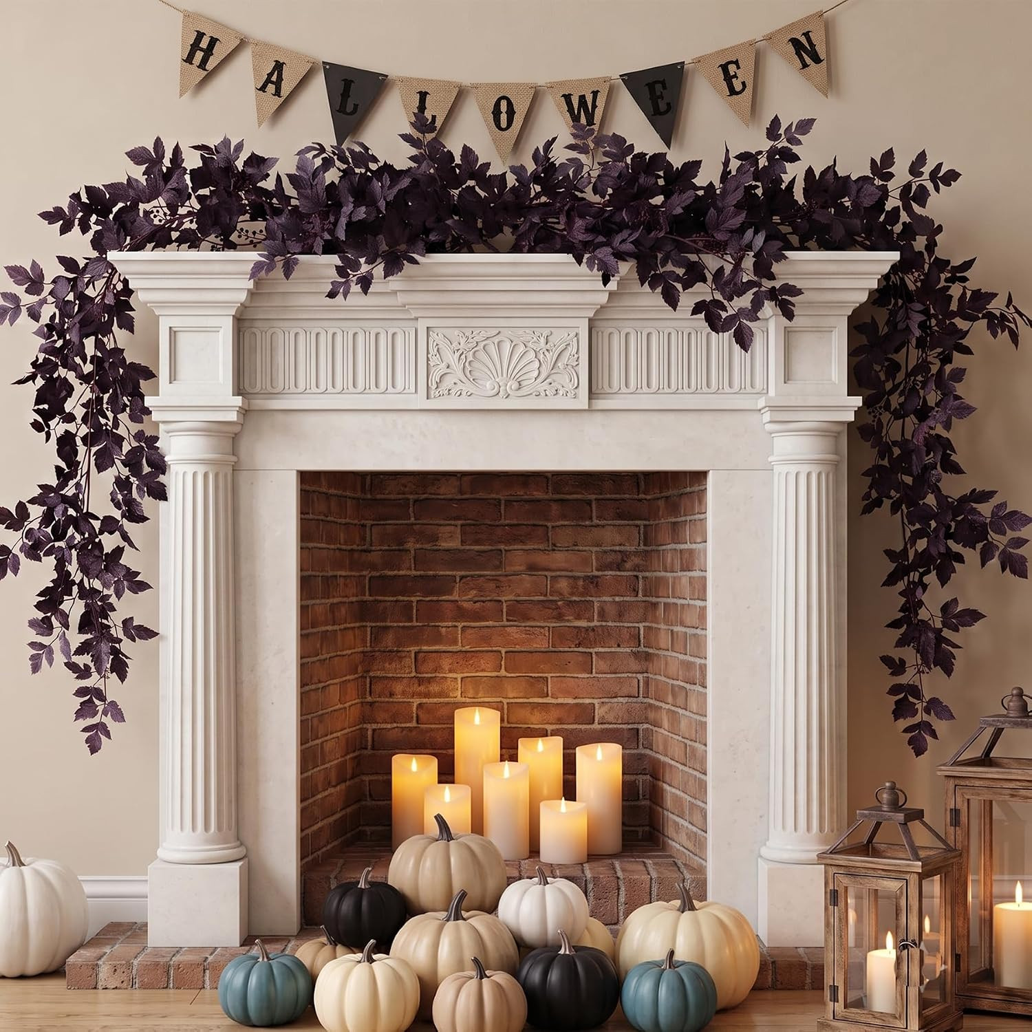 2 Pack Fall Garland, Fall Decorations for Home Fireplace Mantel Decor, Artificial Autumn Leaves Garland with Faux Plum Cimicifuga, Autumn Table Centerpiece Decorations, Halloween Moody Neutral Decor | Amazon (US)