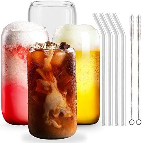 Can Shaped Glass Cups with Straws 4pcs Set, Combler 16 oz Glass Coffee Cups, Beer Can Glass, Drin... | Amazon (US)