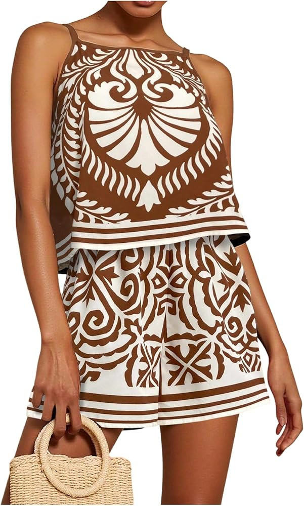 MakeMeChic Women's 2 Piece Sets Beach Vacation Tropical Tank Tops and Shorts Boho Summer Outfits | Amazon (US)