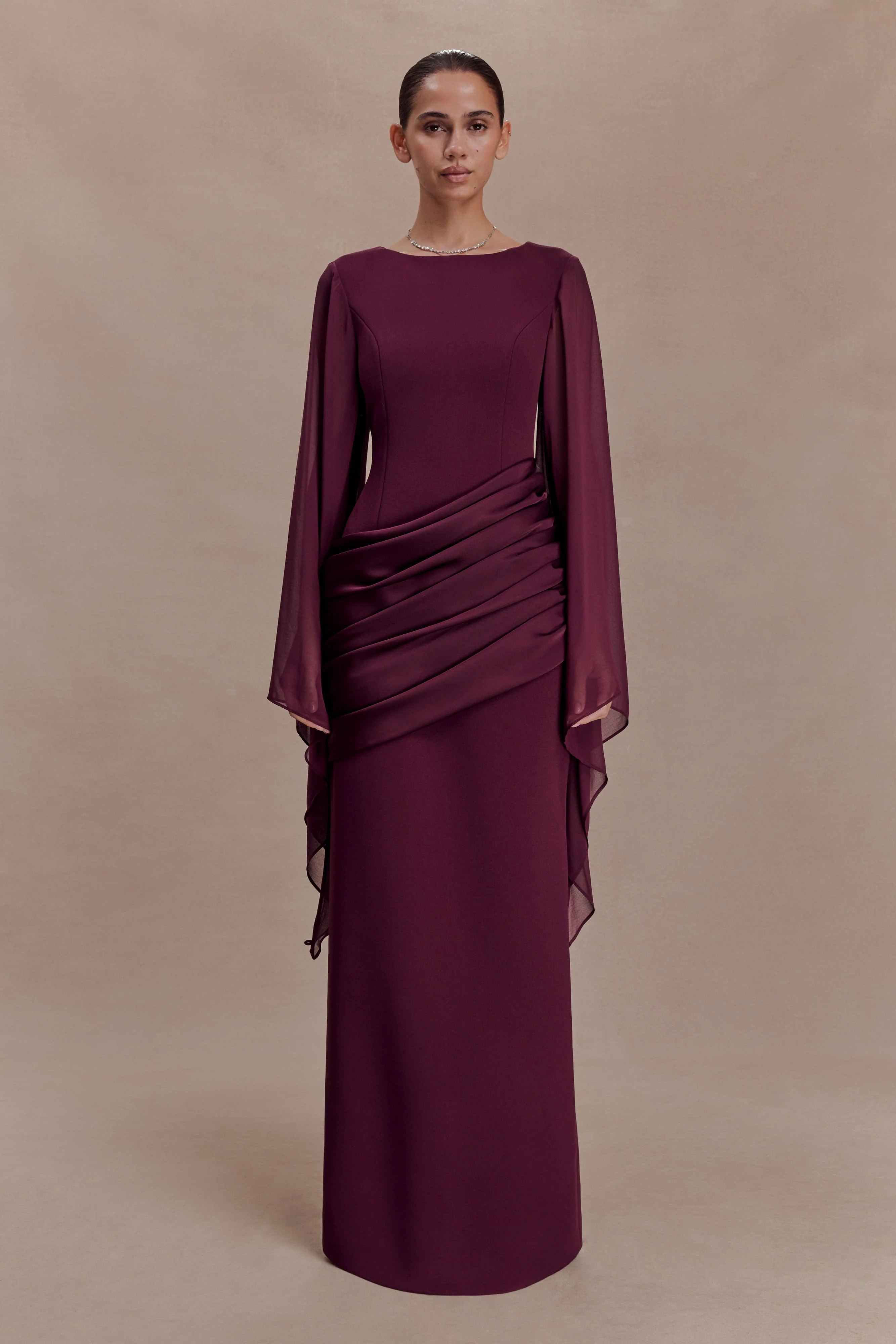 Waterfall Sleeves Maxi Dress - Wine | MESHKI US