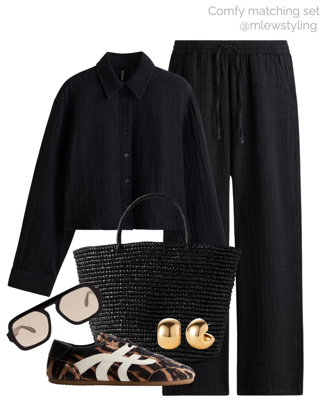 Black cotton muslin matching set 🖤

Tags: new-in H&M, travel outfit, airport look, leopard print sneakers, gold hoop earrings, revolve aviator sunglasses, black straw tote bag, neutral aesthetic, weekend outfit, fall fashion, late summer outfit, autumn style, back to school, teacher outfit 

#LTKShoeCrush #LTKWorkwear #LTKTravel