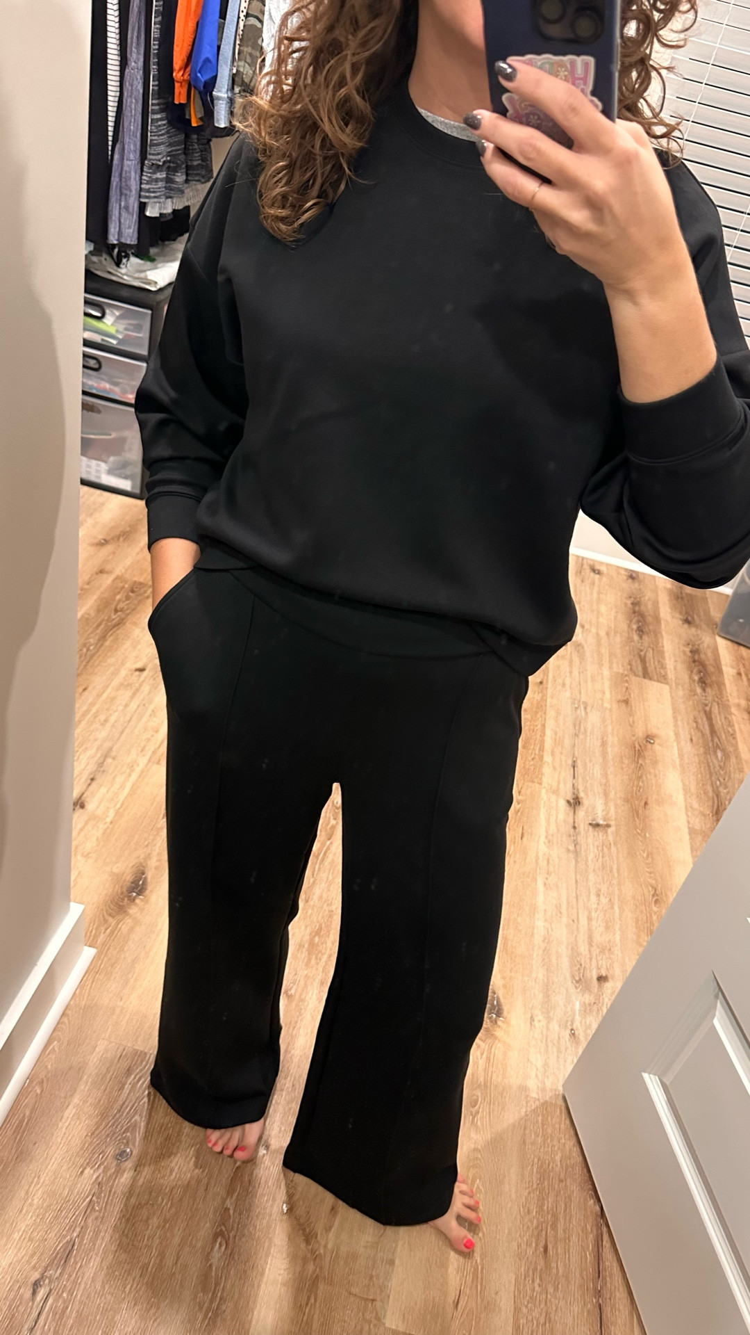 Walmart Scuba Set!! 
This is amazing quality! The fabric is butter soft.
Pants detail: pockets, stretch back waistband, wide leg, and with piping down the front you could easily wear these to work with the right top!
Top detail: sweatshirt with woe band at bottom that can easily tuck in if you want. 

I can’t believe this is Walmart! Perfect for running errands or the ball field and still look put together. 

TTS: Wearing a medium in both. 

#LTKHoliday #LTKGiftGuide #LTKFindsUnder50